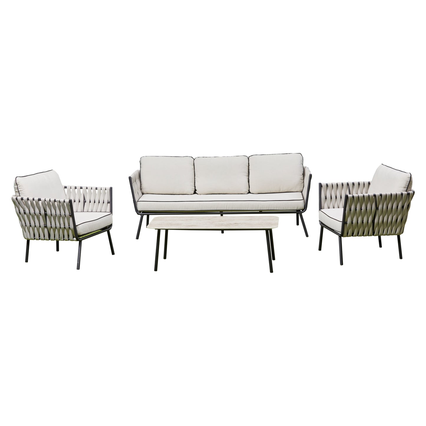Aluminium & Rope 3-Seater Outdoor Lounge Set with Ceramic Coffee Table (BW-03-Grey)
