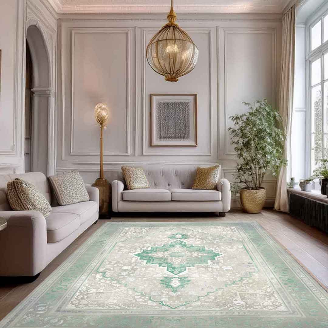 Emerald Hirad Beige Green Rug | E-125