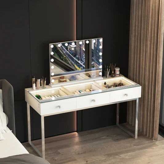 Billie Professional Vanity Desk with 3 Storage Drawers & Built-in LED Lighting