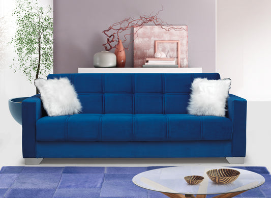 Florence Royal Blue Plush Velvet Sofa Bed with White Fluffy Pillows